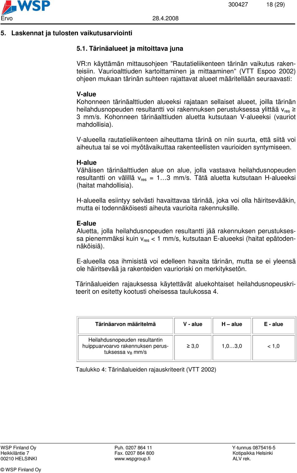 alueet, joilla tärinän heilahdusnopeuden resultantti voi rakennuksen perustuksessa ylittää v res 3 mm/s. Kohonneen tärinäalttiuden aluetta kutsutaan V-alueeksi (vauriot mahdollisia).