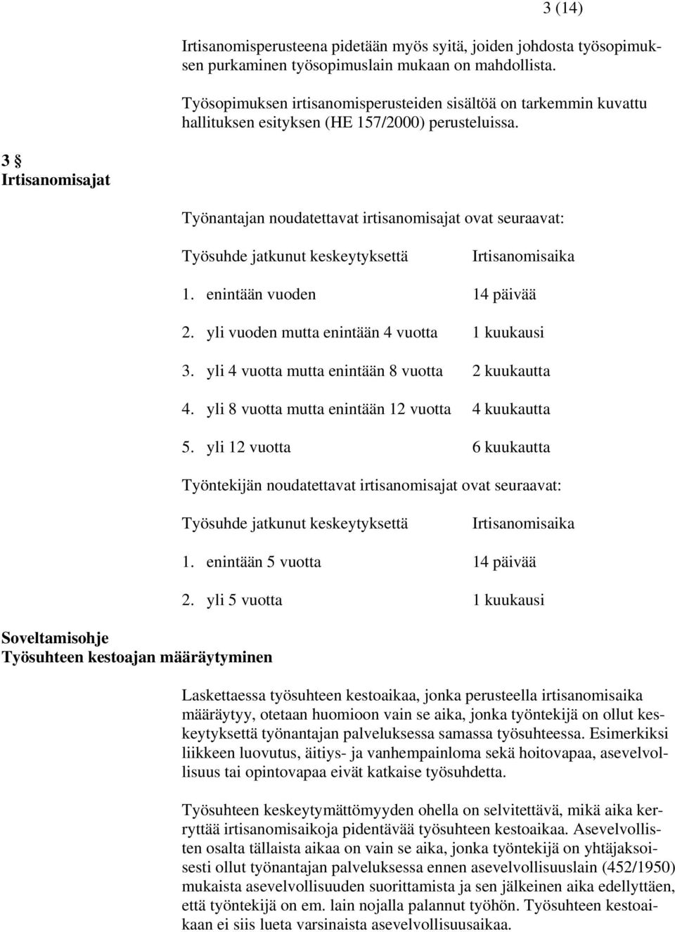 3 Irtisanomisajat Työnantajan noudatettavat irtisanomisajat ovat seuraavat: Työsuhde jatkunut keskeytyksettä Irtisanomisaika 1. enintään vuoden 14 päivää 2.