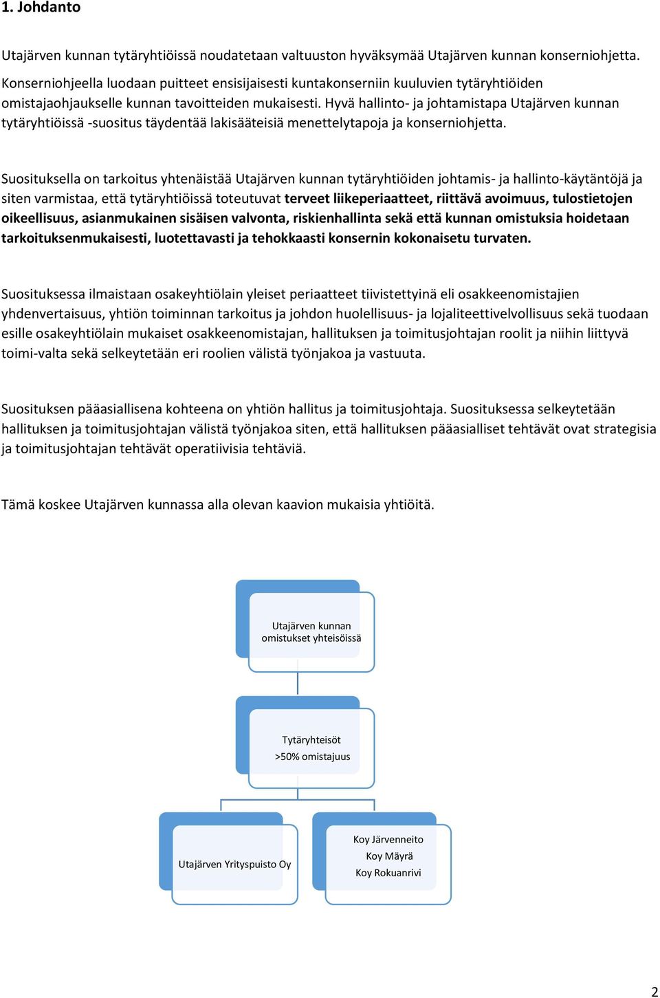 Hyvä hallinto- ja johtamistapa Utajärven kunnan tytäryhtiöissä -suositus täydentää lakisääteisiä menettelytapoja ja konserniohjetta.