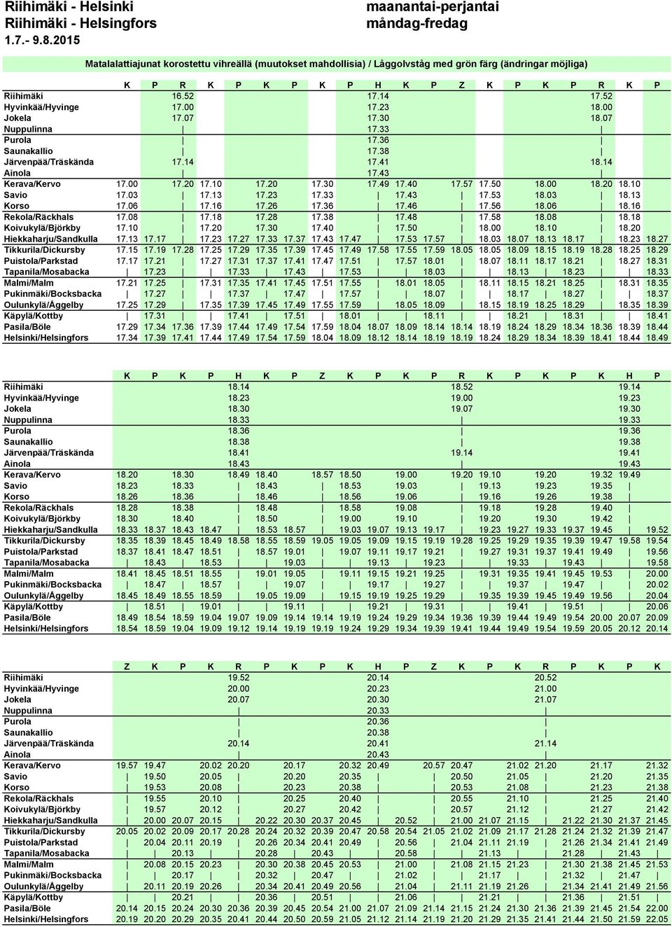 10 Savio 17.03 17.13 17.23 17.33 17.43 17.53 18.03 18.13 Korso 17.06 17.16 17.26 17.36 17.46 17.56 18.06 18.16 Rekola/Räckhals 17.08 17.18 17.28 17.38 17.48 17.58 18.08 18.18 Koivukylä/Björkby 17.