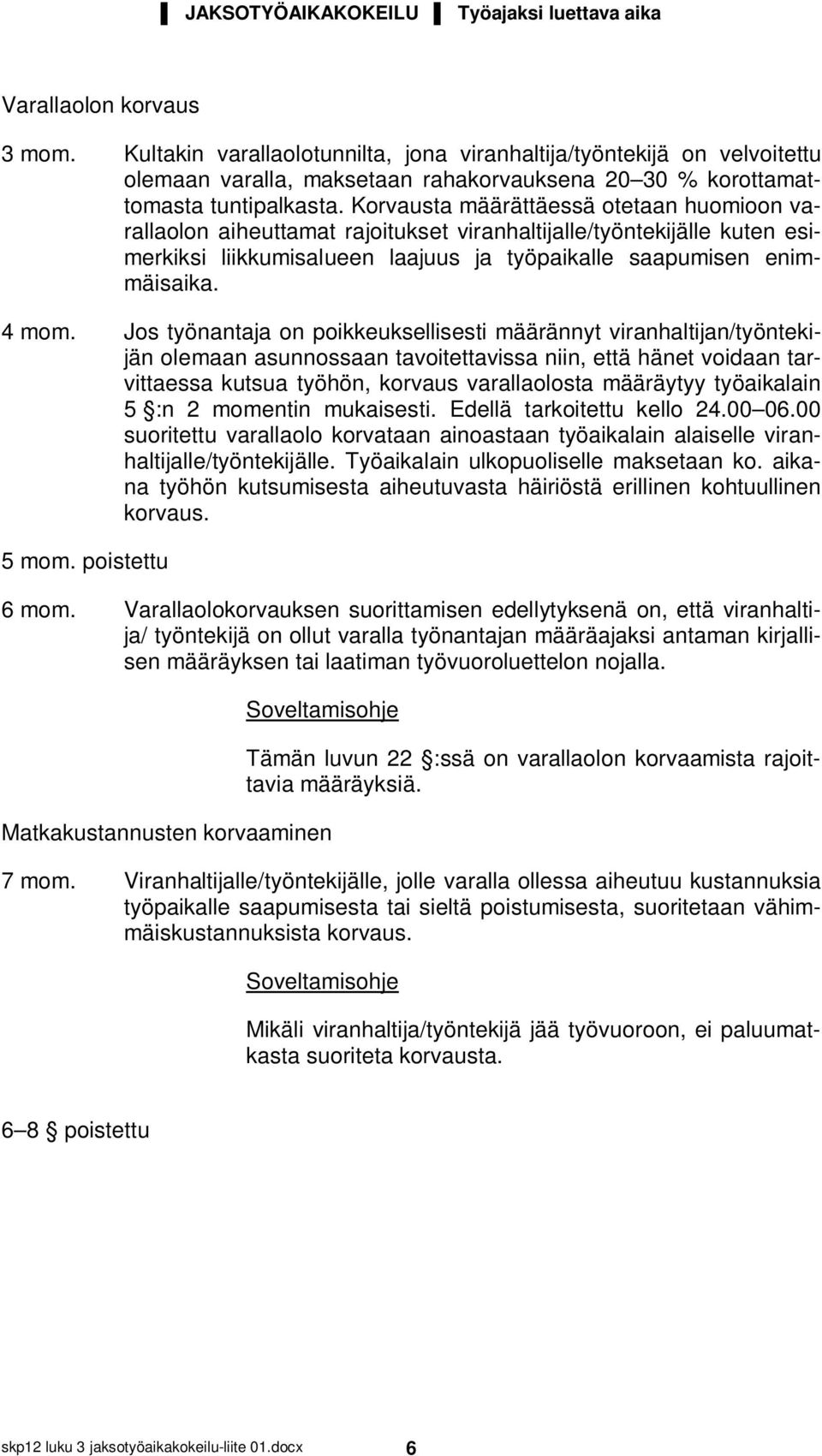 Korvausta määrättäessä otetaan huomioon varallaolon aiheuttamat rajoitukset viranhaltijalle/työntekijälle kuten esimerkiksi liikkumisalueen laajuus ja työpaikalle saapumisen enimmäisaika. 4 mom.