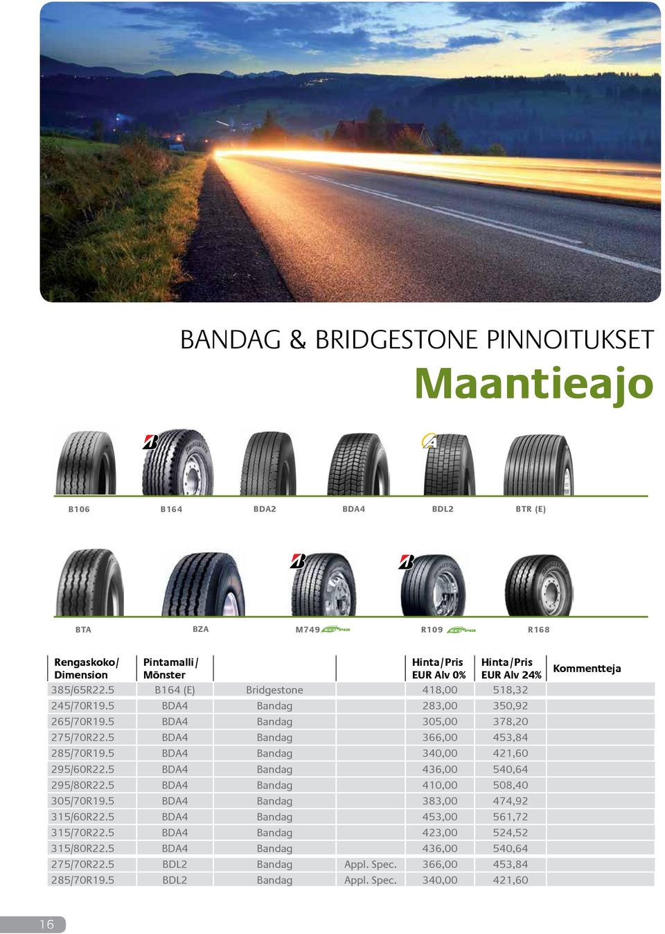 5 BDA4 Bandag 340,00 421,60 295/60R22.5 BDA4 Bandag 436,00 540,64 295/80R22.5 BDA4 Bandag 410,00 508,40 305/70R19.5 BDA4 Bandag 383,00 474,92 315/60R22.