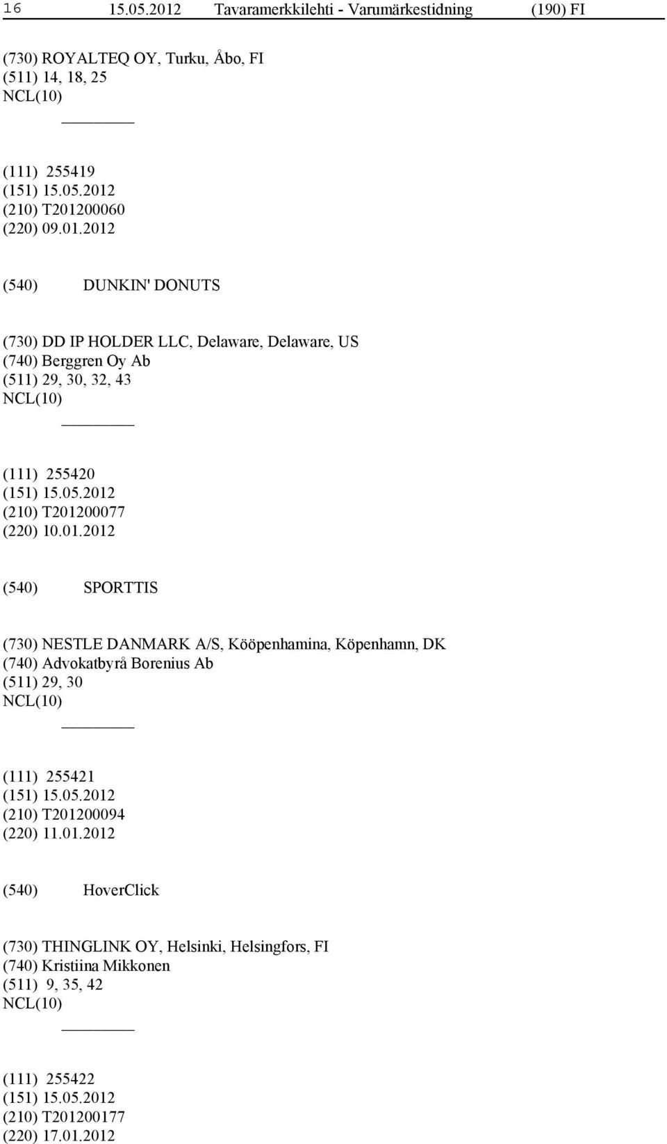 01.2012 SPORTTIS (730) NESTLE DANMARK A/S, Kööpenhamina, Köpenhamn, DK (740) Advokatbyrå Borenius Ab (511) 29, 30 (111) 255421 (210) T201200094 (220)