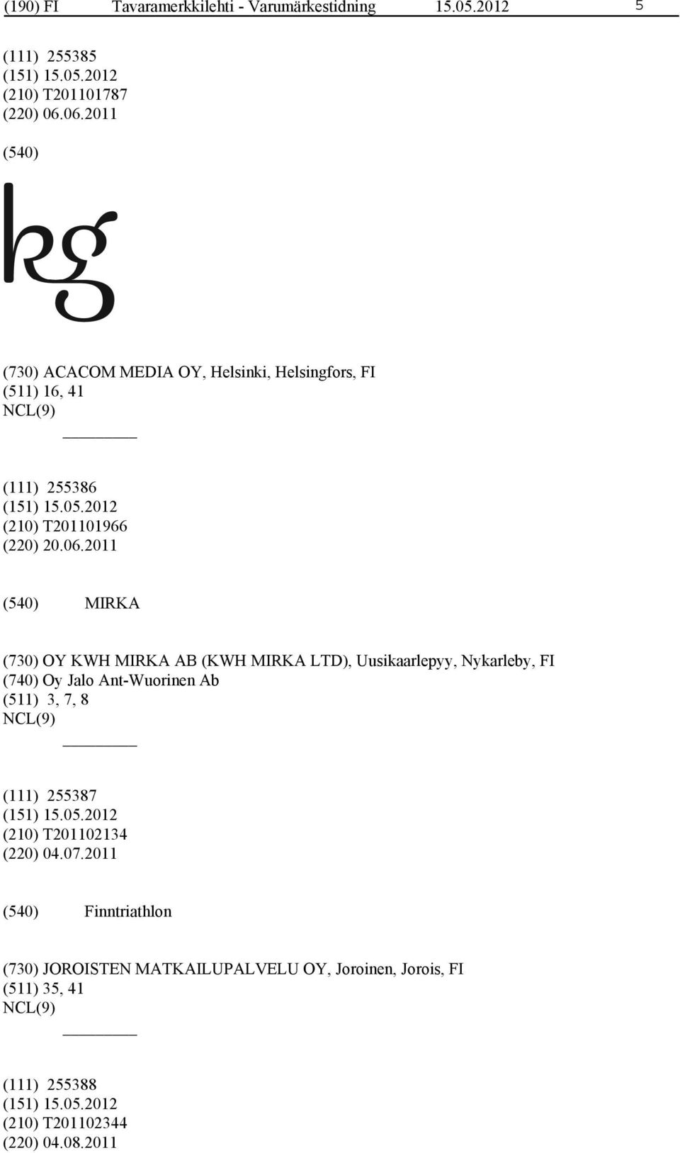 (730) OY KWH MIRKA AB (KWH MIRKA LTD), Uusikaarlepyy, Nykarleby, FI (740) Oy Jalo Ant-Wuorinen Ab (511) 3, 7, 8 (111) 255387