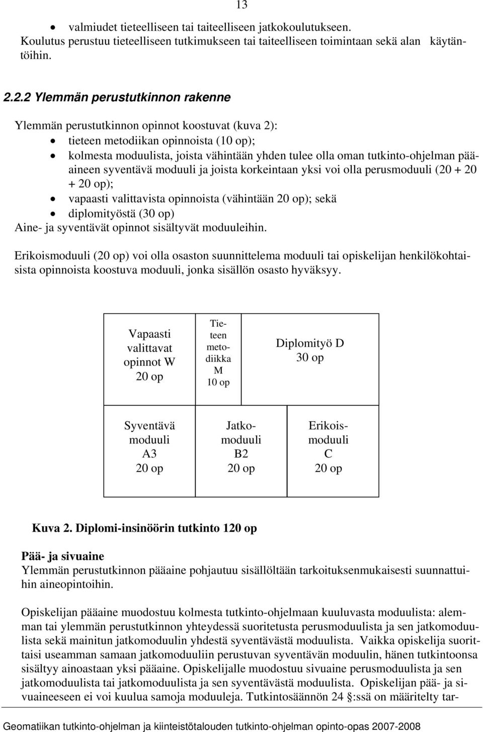 tutkinto-ohjelman pääaineen syventävä moduuli ja joista korkeintaan yksi voi olla perusmoduuli (20 + 20 + 20 op); vapaasti valittavista opinnoista (vähintään 20 op); sekä diplomityöstä (30 op) Aine-