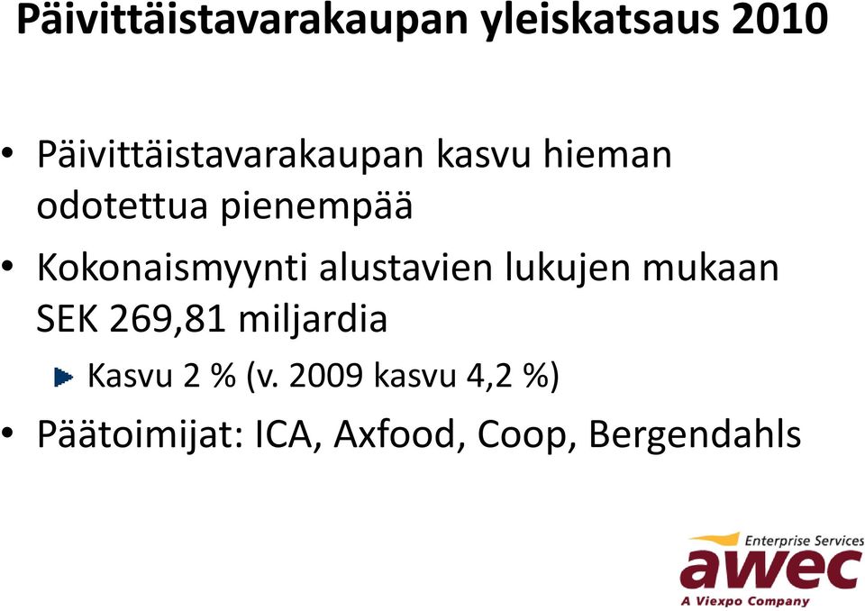 Kokonaismyynti alustavien lukujen mukaan SEK 269,81