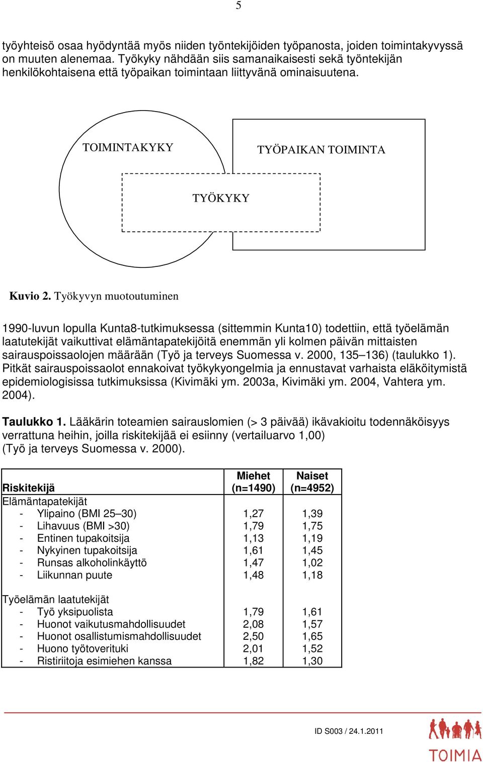 Työkyvyn muotoutuminen 1990-luvun lopulla Kunta8-tutkimuksessa (sittemmin Kunta10) todettiin, että työelämän laatutekijät vaikuttivat elämäntapatekijöitä enemmän yli kolmen päivän mittaisten