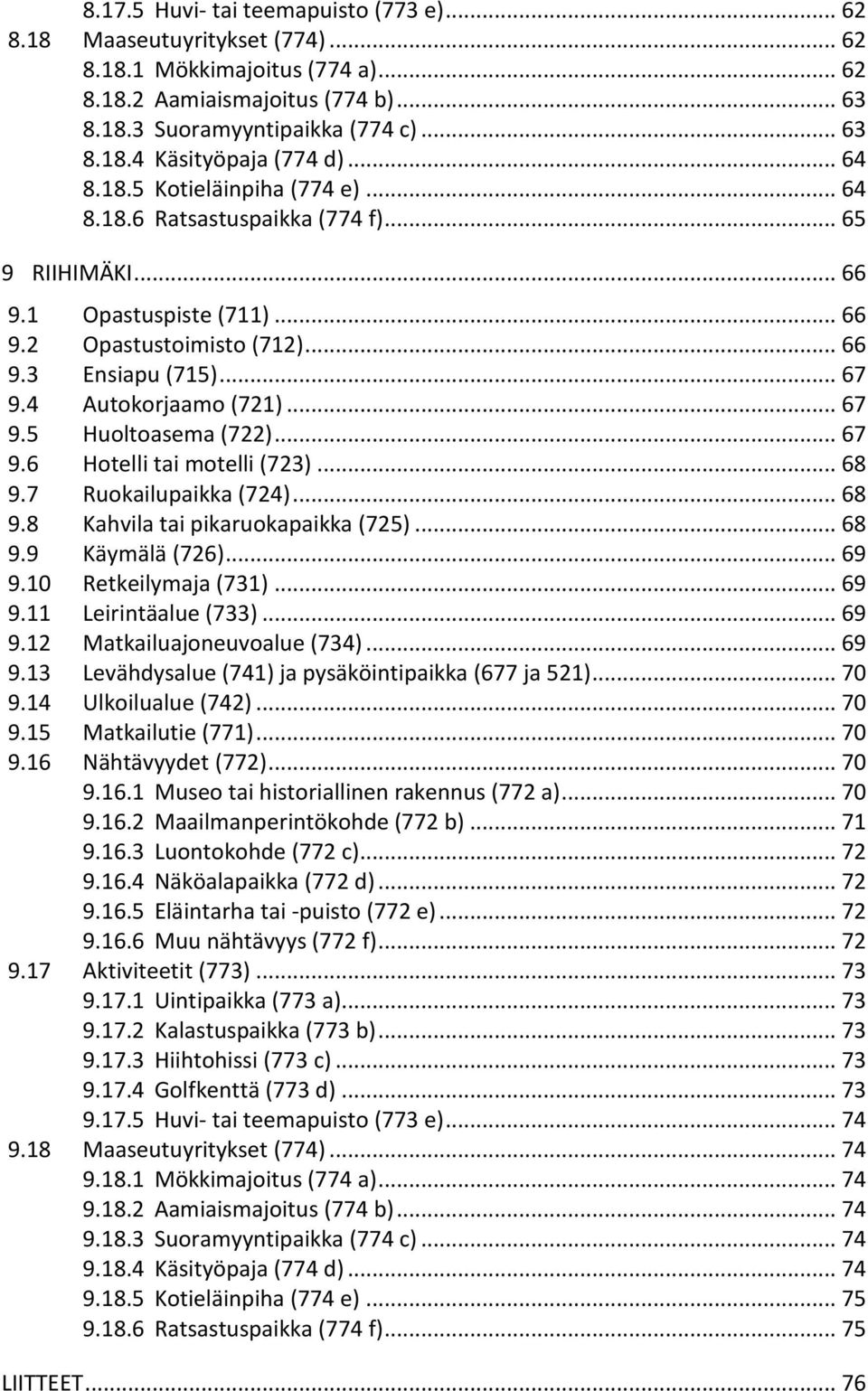 4 Autokorjaamo (721)... 67 9.5 Huoltoasema (722)... 67 9.6 Hotelli tai motelli (723)... 68 9.7 Ruokailupaikka (724)... 68 9.8 Kahvila tai pikaruokapaikka (725)... 68 9.9 Käymälä (726)... 69 9.