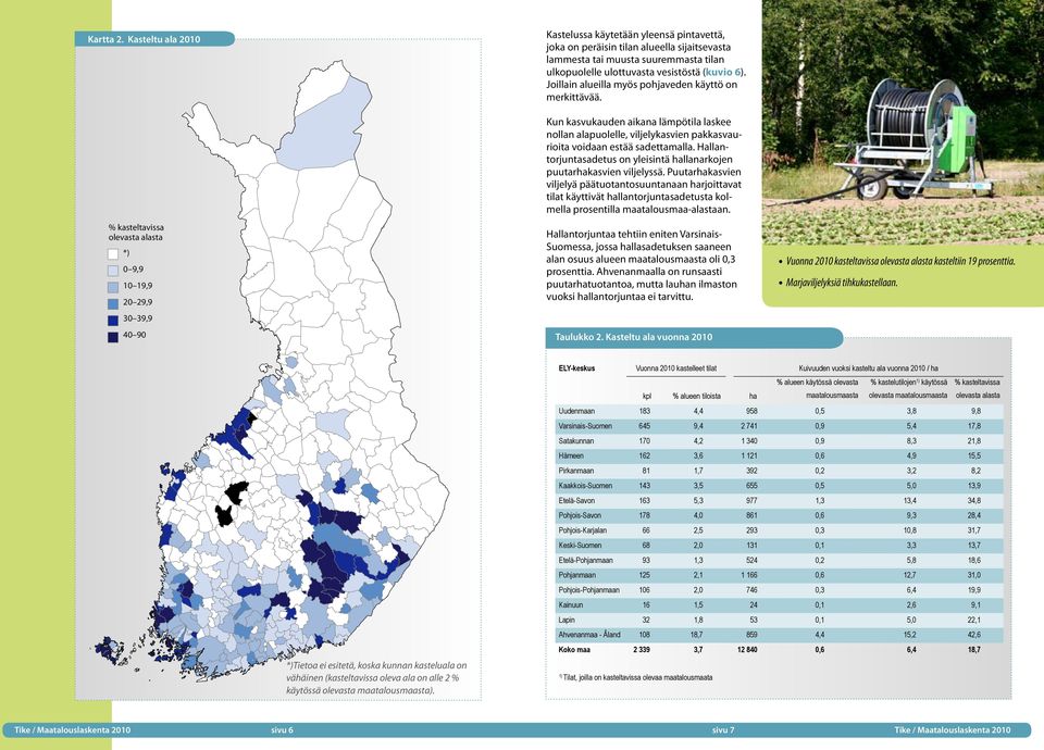 % kasteltavissa olevasta alasta *) 0 9,9 10 19,9 20 29,9 30 39,9 40 90 Kun kasvukauden aikana lämpötila laskee nollan alapuolelle, viljelykasvien pakkasvaurioita voidaan estää sadettamalla.