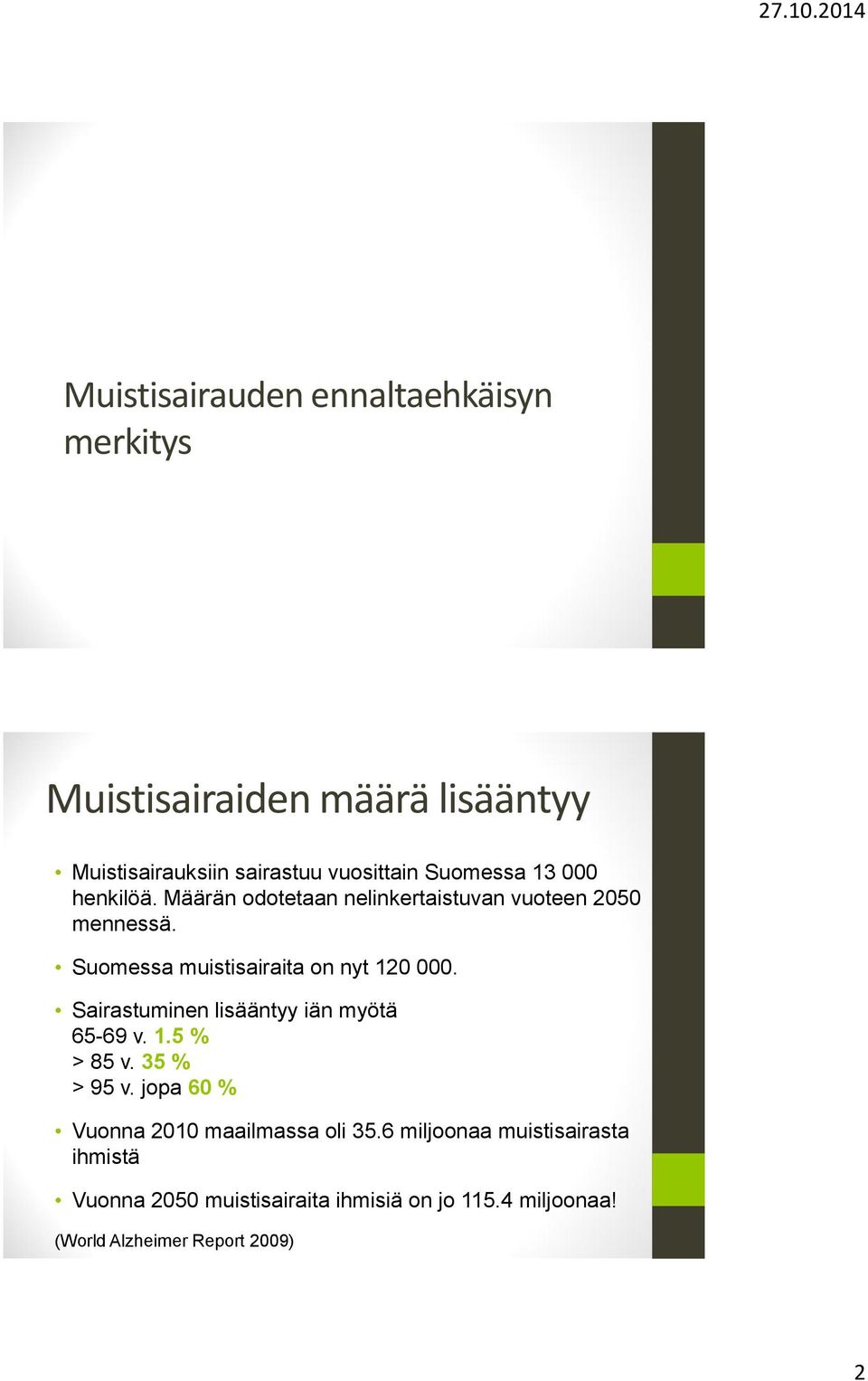 Suomessa muistisairaita on nyt 120 000. Sairastuminen lisääntyy iän myötä 65-69 v. 1.5 % > 85 v. 35 % > 95 v.