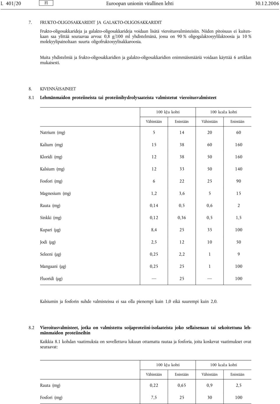 Muita yhdistelmiä ja frukto-oligosakkaridien ja galakto-oligosakkaridien enimmäismääriä voidaan käyttää 6 artiklan mukaisesti. 8. KIVENNÄISAINEET 8.