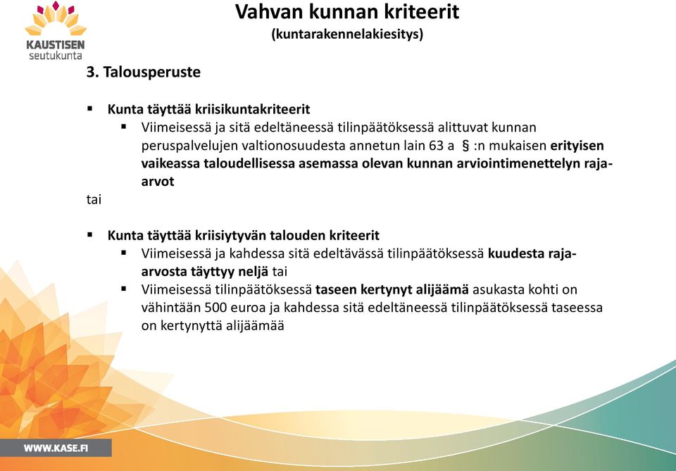 lain 63 a :n mukaisen erityisen vaikeassa taloudellisessa asemassa olevan kunnan arviointimenettelyn rajaarvot tai Kunta täyttää kriisiytyvän talouden