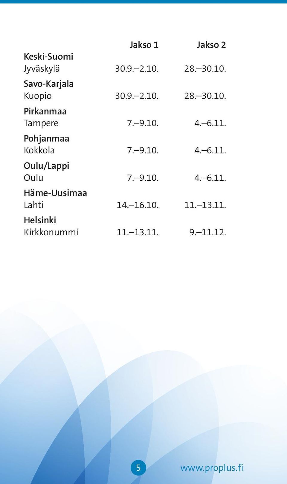 9.10. 4. 6.11. Oulu/Lappi Oulu 7. 9.10. 4. 6.11. Häme-Uusimaa Lahti 14. 16.10. 11.