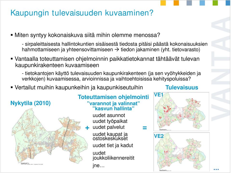 tietovarasto) Vantaalla toteuttamisen ohjelmoinnin paikkatietokannat tähtäävät tulevan kaupunkirakenteen kuvaamiseen - tietokantojen käyttö tulevaisuuden kaupunkirakenteen (ja sen vyöhykkeiden ja