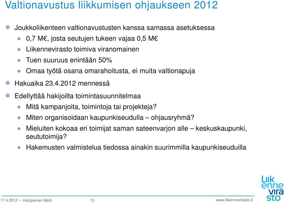 2012 mennessä Edellyttää hakijoilta toimintasuunnitelmaa Mitä kampanjoita, toimintoja tai projekteja? Miten organisoidaan kaupunkiseudulla ohjausryhmä?