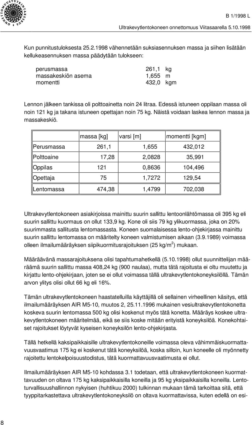 polttoainetta noin 24 litraa. Edessä istuneen oppilaan massa oli noin 121 kg ja takana istuneen opettajan noin 75 kg. Näistä voidaan laskea lennon massa ja massakeskiö.