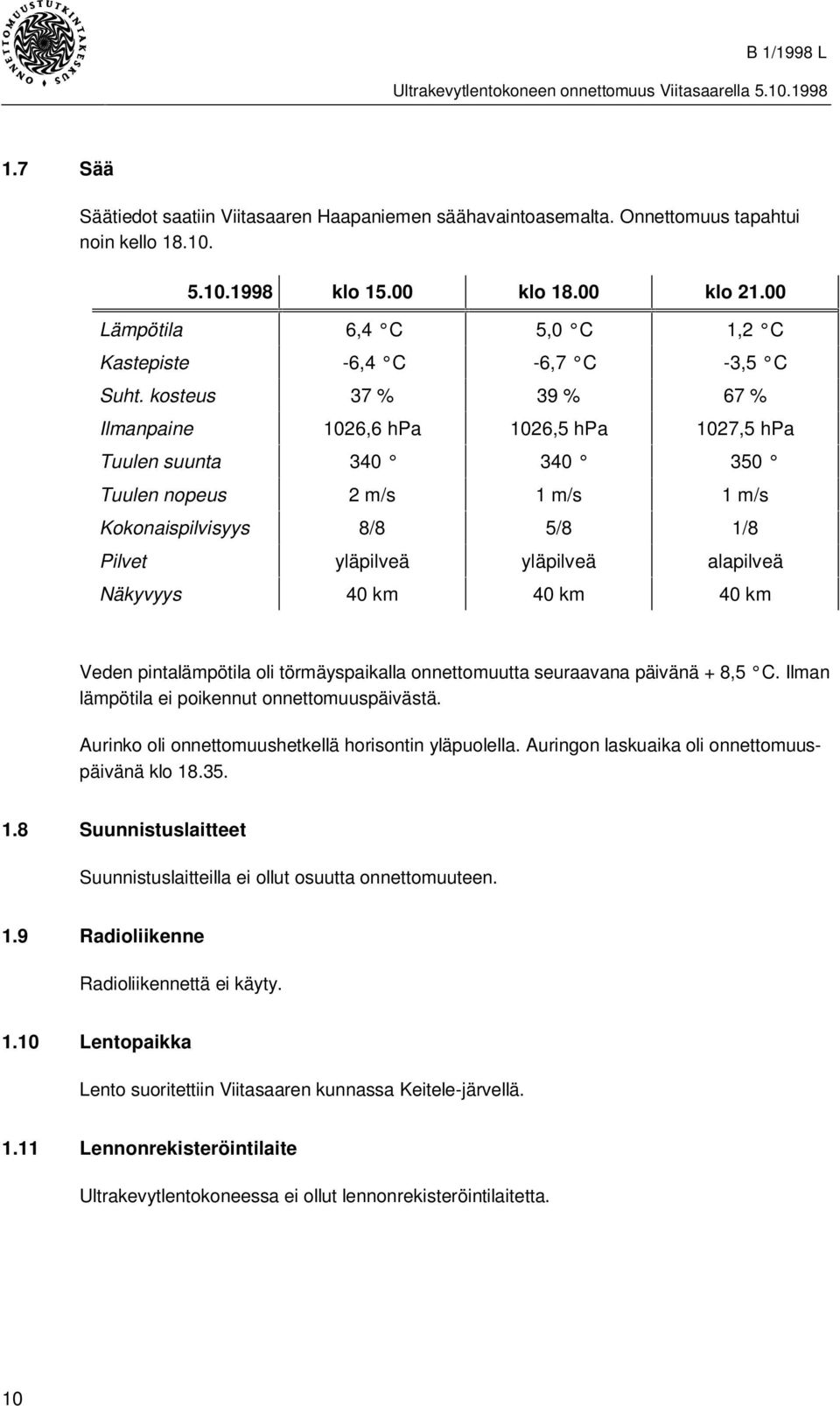 kosteus 37 % 39 % 67 % Ilmanpaine 1026,6 hpa 1026,5 hpa 1027,5 hpa Tuulen suunta 340 340 350 Tuulen nopeus 2 m/s 1 m/s 1 m/s Kokonaispilvisyys 8/8 5/8 1/8 Pilvet yläpilveä yläpilveä alapilveä