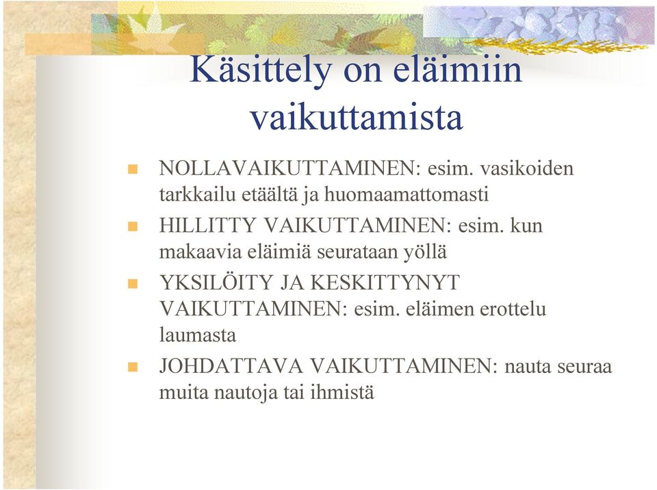 kun makaavia eläimiä seurataan yöllä YKSILÖITY JA KESKITTYNYT VAIKUTTAMINEN: