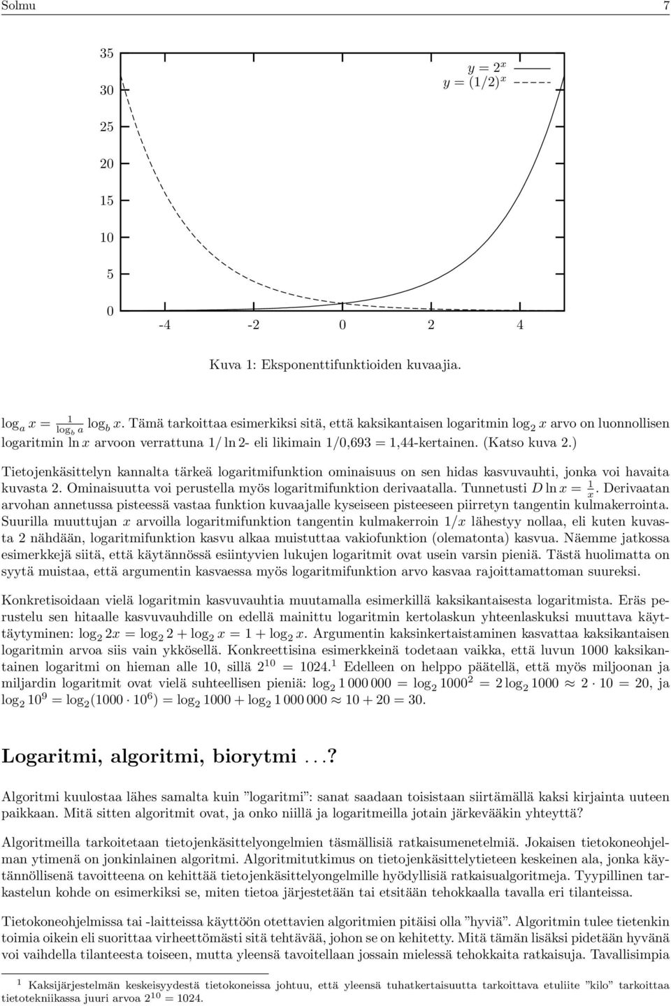 ) Tietojenkäsittelyn kannalta tärkeä logaritmifunktion ominaisuus on sen hidas kasvuvauhti, jonka voi havaita kuvasta 2. Ominaisuutta voi perustella myös logaritmifunktion derivaatalla.