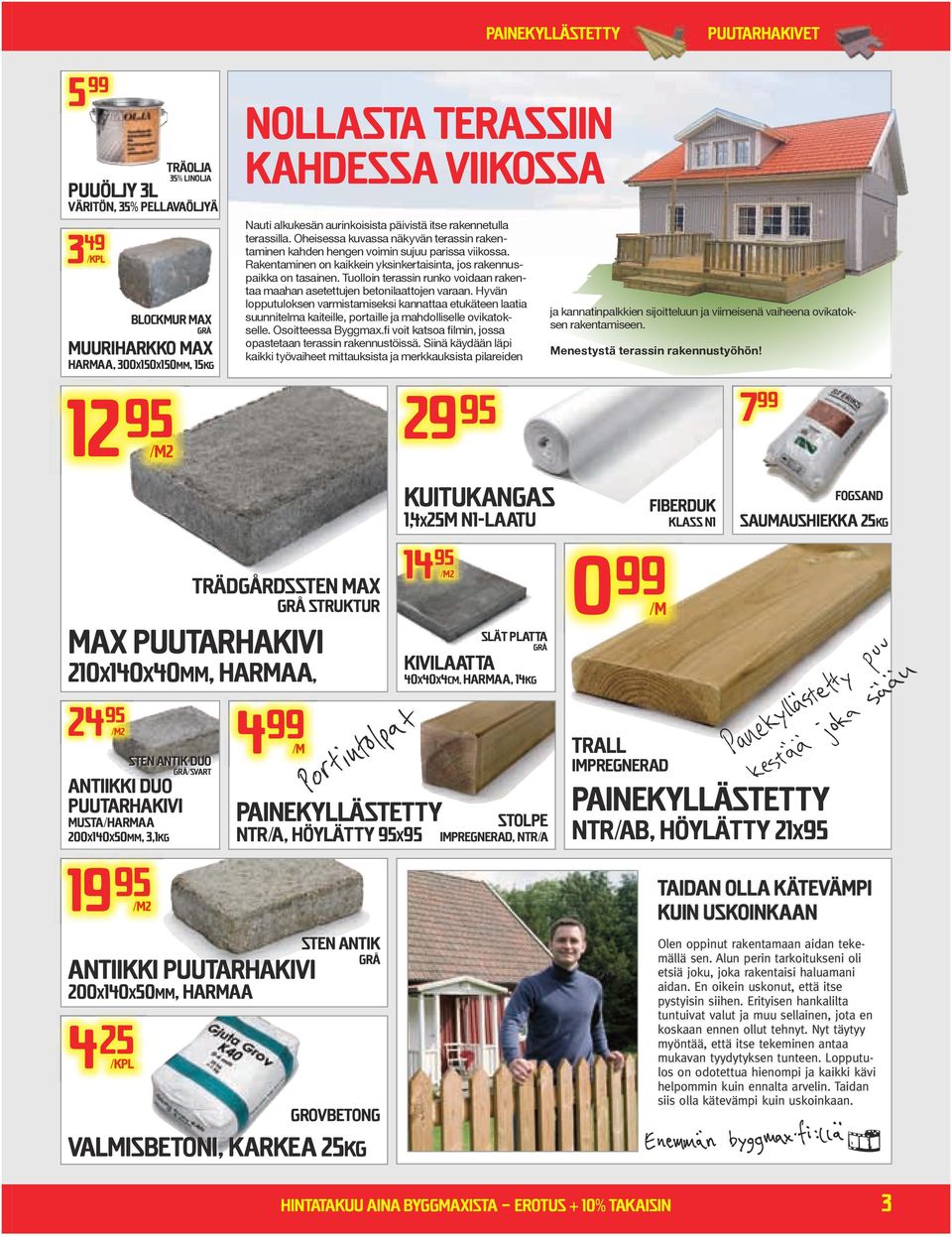 Rakentaminen on kaikkein yksinkertaisinta, jos rakennuspaikka on tasainen. Tuolloin terassin runko voidaan rakentaa maahan asetettujen betonilaattojen varaan.
