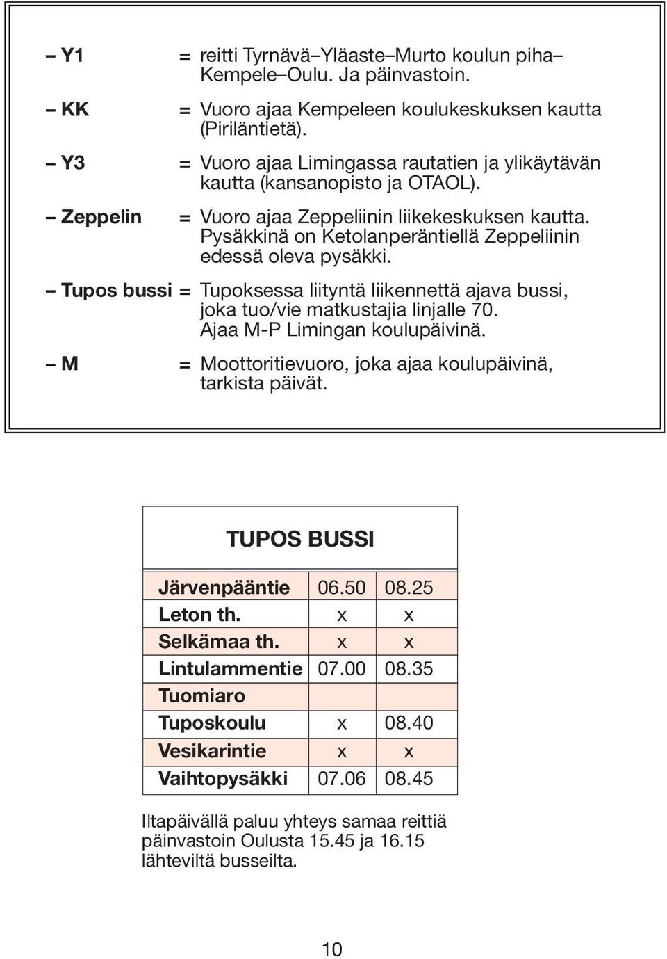 Pysäkkinä on Ketolanperäntiellä Zeppeliinin edessä oleva pysäkki. Tupos bussi = Tupoksessa liityntä liikennettä ajava bussi, joka tuo/vie matkustajia linjalle 70. Ajaa M-P Limingan koulupäivinä.