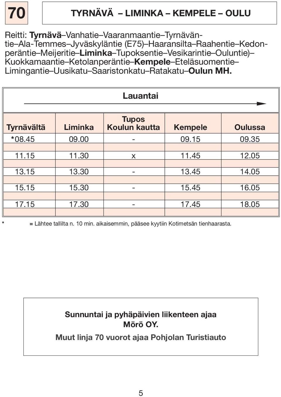 Lauantai Tupos Tyrnävältä Liminka Koulun kautta Kempele Oulussa *08.45 09.00-09.15 09.35 11.15 11.30 x 11.45 12.05 13.15 13.30-13.45 14.05 15.15 15.30-15.45 16.05 17.