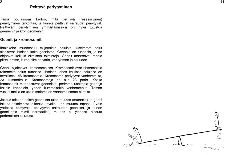 Geenejä on tuhansia, ja ne ohjaavat kaikkia elimistön toimintoja. Geenit määräävät monia piirteitämme, kuten silmien värin, veriryhmän ja pituuden. Geenit sijaitsevat kromosomeissa.