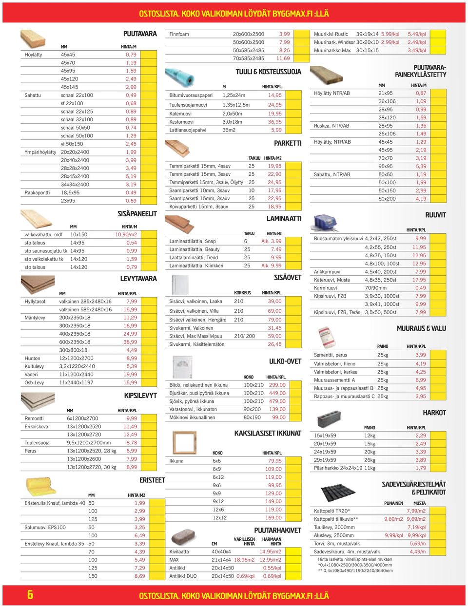 50x150 2,45 Ympärihöylätty 20x20x2400 1,99 20x40x2400 3,99 28x28x2400 3,49 28x45x2400 5,19 34x34x2400 3,19 Raakapontti 18,5x95 0.49 23x95 0.