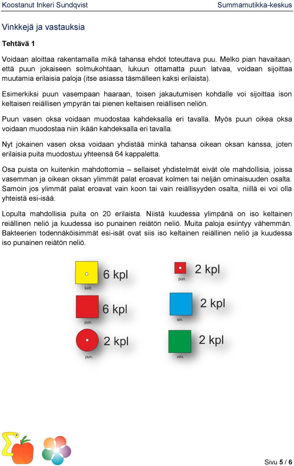 Esimerkiksi puun vasempaan haaraan, toisen jakautumisen kohdalle voi sijoittaa ison keltaisen reiällisen ympyrän tai pienen keltaisen reiällisen neliön.