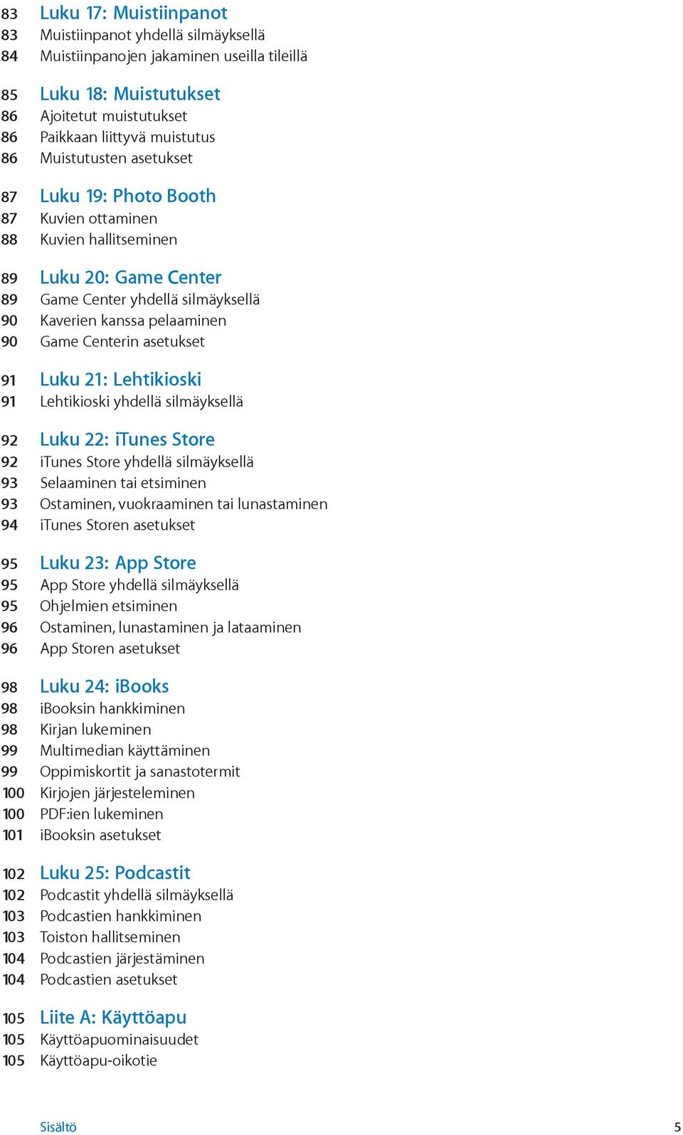 asetukset 91 Luku 21: Lehtikioski 91 Lehtikioski yhdellä silmäyksellä 92 Luku 22: itunes Store 92 itunes Store yhdellä silmäyksellä 93 Selaaminen tai etsiminen 93 Ostaminen, vuokraaminen tai