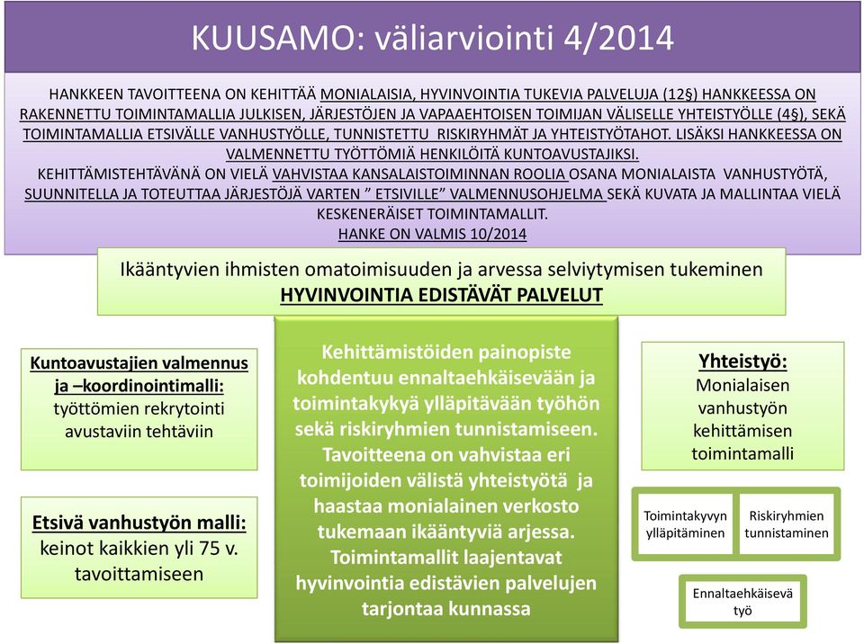 KEHITTÄMISTEHTÄVÄNÄ ON VIELÄ VAHVISTAA KANSALAISTOIMINNAN ROOLIA OSANA MONIALAISTA VANHUSTYÖTÄ, SUUNNITELLA JA TOTEUTTAA JÄRJESTÖJÄ VARTEN ETSIVILLE VALMENNUSOHJELMA SEKÄ KUVATA JA MALLINTAA VIELÄ