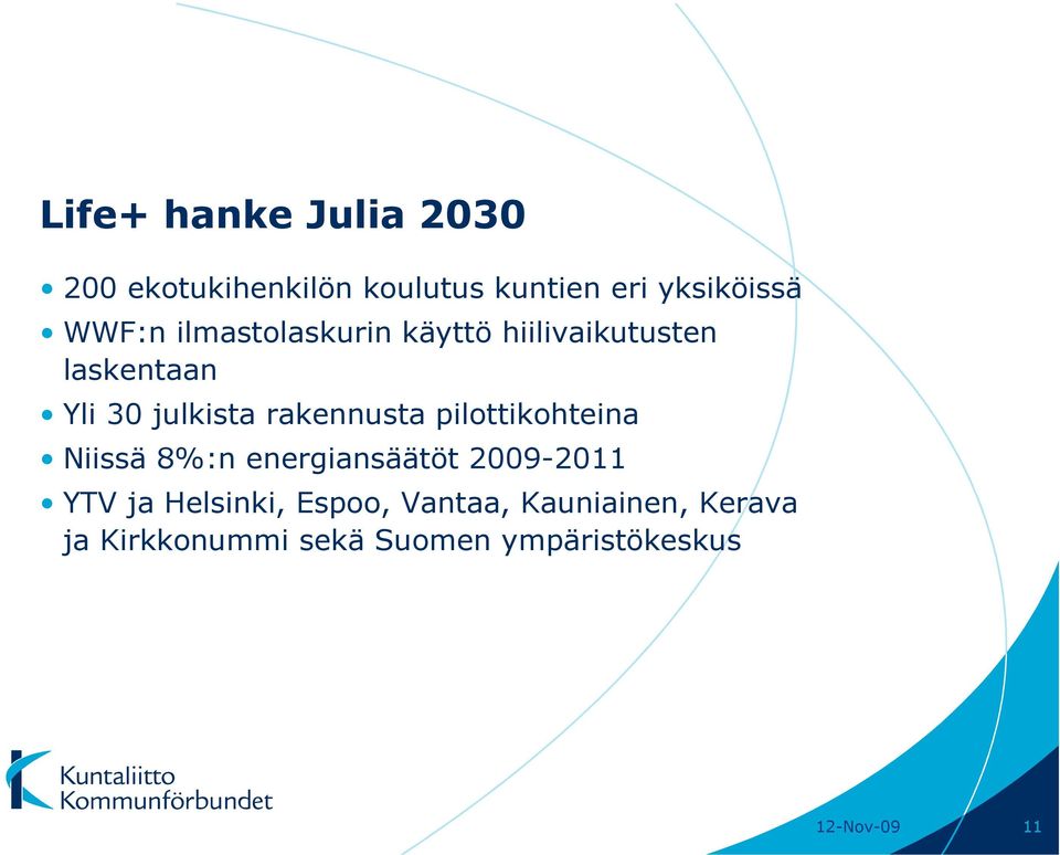 rakennusta pilottikohteina Niissä 8%:n energiansäätöt 2009-2011 YTV ja