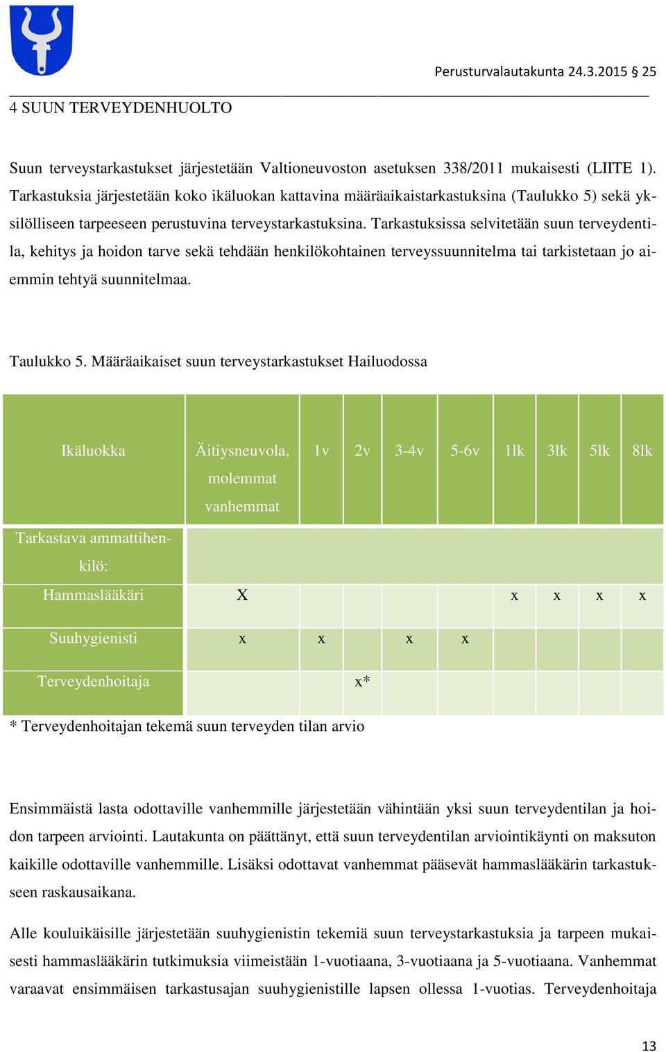 Tarkastuksissa selvitetään suun terveydentila, kehitys ja hoidon tarve sekä tehdään henkilökohtainen terveyssuunnitelma tai tarkistetaan jo aiem tehtyä suunnitelmaa. Taulukko 5.