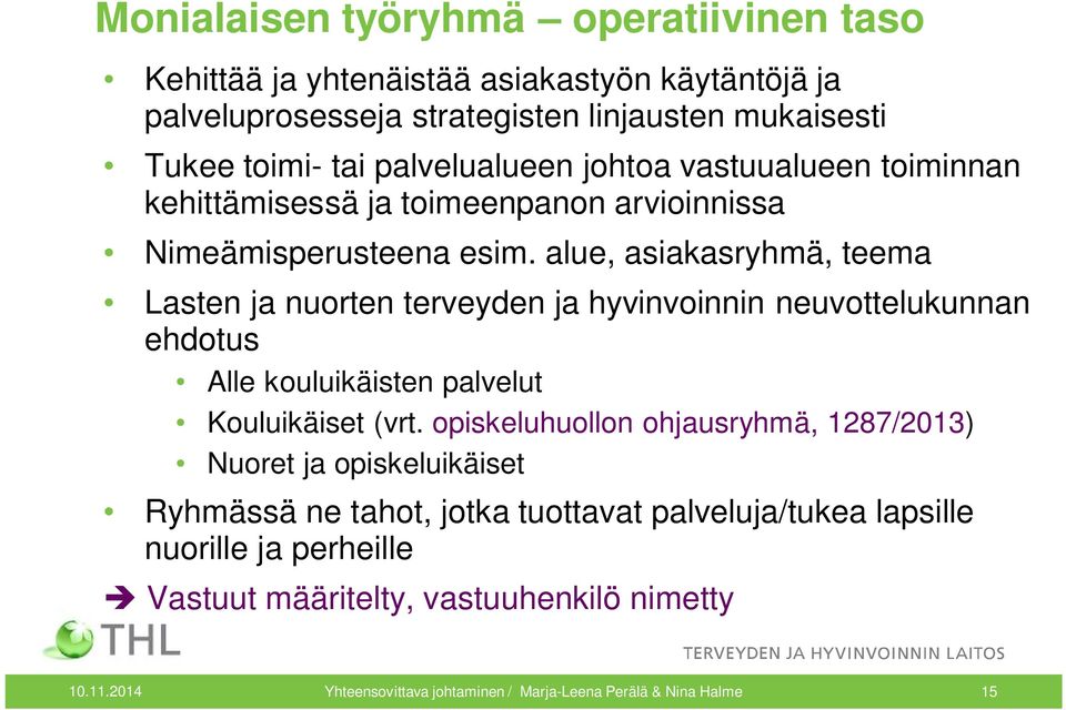 alue, asiakasryhmä, teema Lasten ja nuorten terveyden ja hyvinvoinnin neuvottelukunnan ehdotus Alle kouluikäisten palvelut Kouluikäiset (vrt.