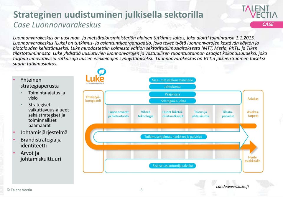 Luke muodostettiin kolmesta valtion sektoritutkimuslaitoksesta (MTT, Metla, RKTL) ja Tiken tilastotoiminnasta Luke yhdistää uusiutuvien luonnonvarojen ja vastuullisen ruoantuotannon osaajat