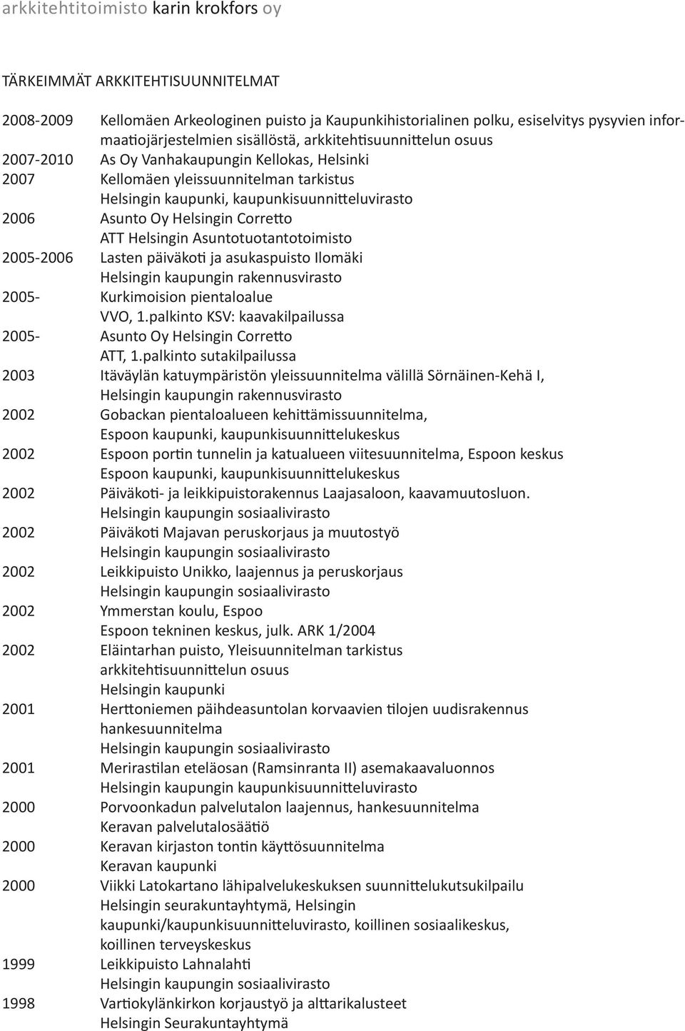 asukaspuisto Ilomäki 2005- Kurkimoision pientaloalue VVO, 1.palkinto KSV: kaavakilpailussa 2005- Asunto Oy Helsingin Corretto ATT, 1.