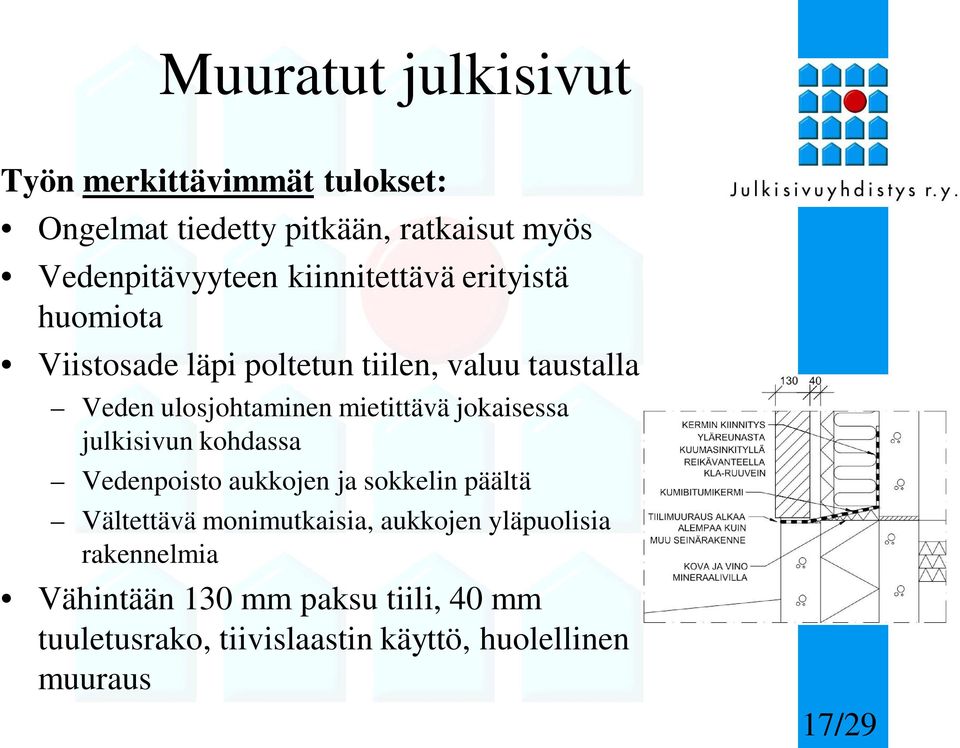 mietittävä jokaisessa julkisivun kohdassa Vedenpoisto aukkojen ja sokkelin päältä Vältettävä monimutkaisia,