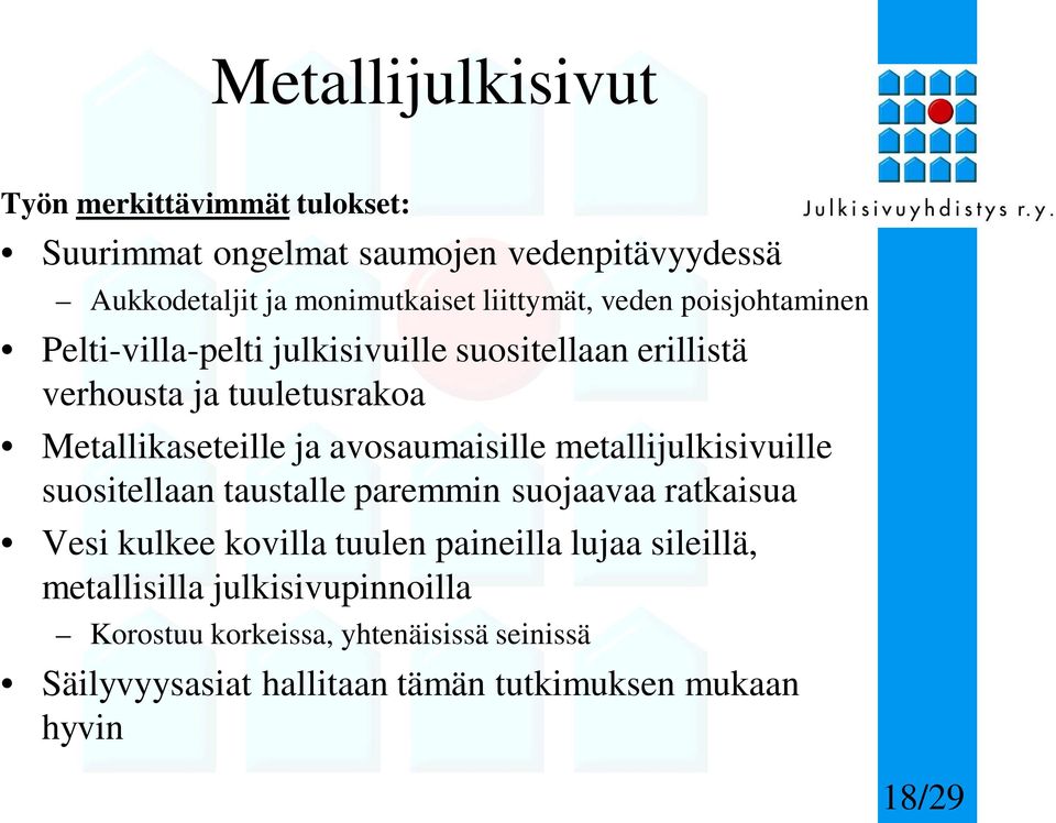 ja avosaumaisille metallijulkisivuille suositellaan taustalle paremmin suojaavaa ratkaisua Vesi kulkee kovilla tuulen paineilla lujaa