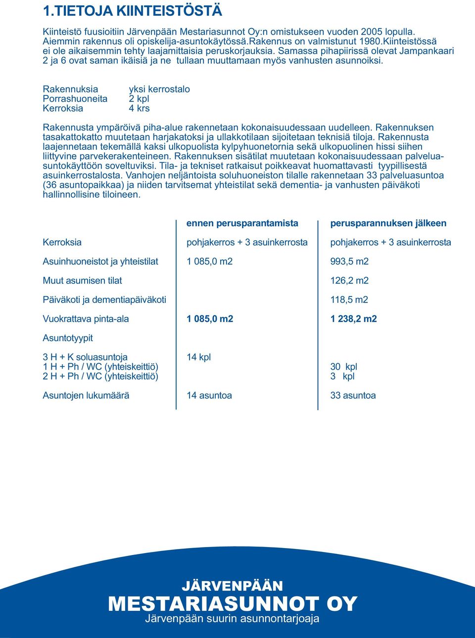 Rakennuksia Porrashuoneita Kerroksia yksi kerrostalo 2 kpl 4 krs Rakennusta ympäröivä piha-alue rakennetaan kokonaisuudessaan uudelleen.