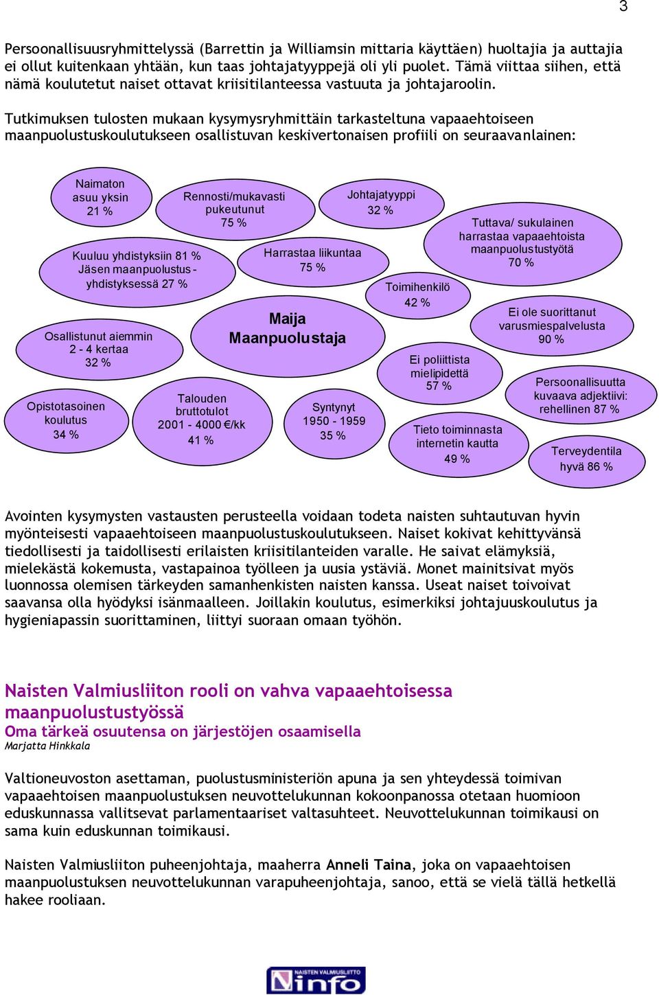 Tutkimuksen tulosten mukaan kysymysryhmittäin tarkasteltuna vapaaehtoiseen maanpuolustuskoulutukseen osallistuvan keskivertonaisen profiili on seuraavanlainen: Naimaton asuu yksin 21 % Osallistunut