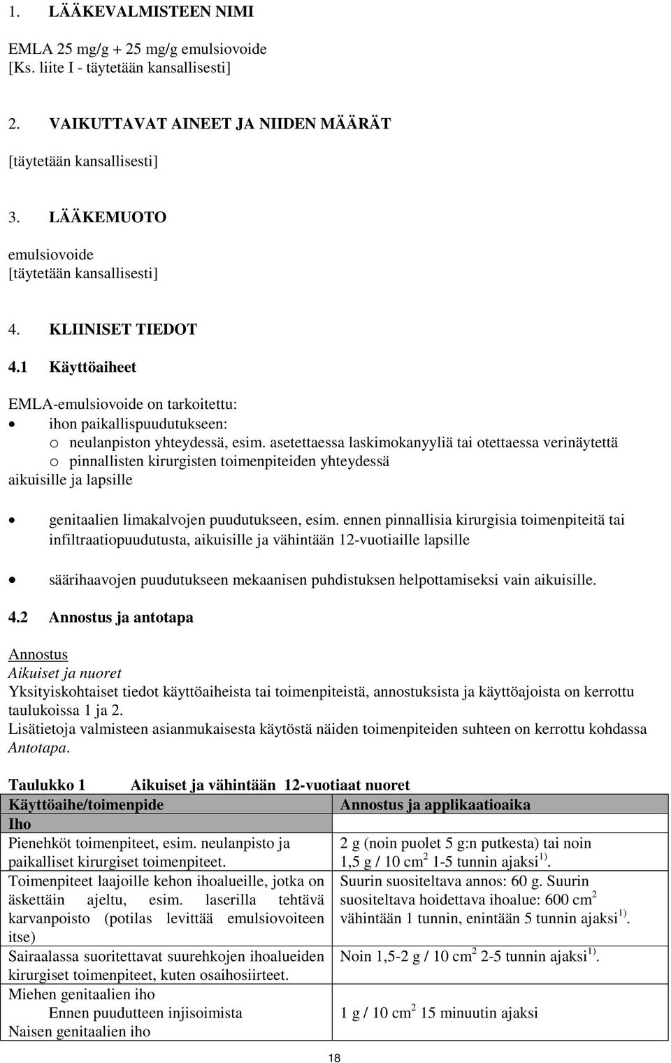 asetettaessa laskimokanyyliä tai otettaessa verinäytettä o pinnallisten kirurgisten toimenpiteiden yhteydessä aikuisille ja lapsille genitaalien limakalvojen puudutukseen, esim.