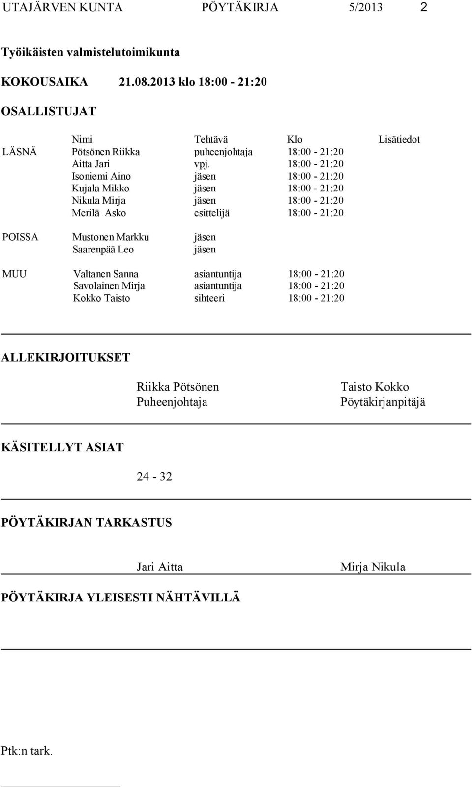 18:00-21:20 Isoniemi Aino jäsen 18:00-21:20 Kujala Mikko jäsen 18:00-21:20 Nikula Mirja jäsen 18:00-21:20 Merilä Asko esittelijä 18:00-21:20 POISSA Mustonen Markku jäsen