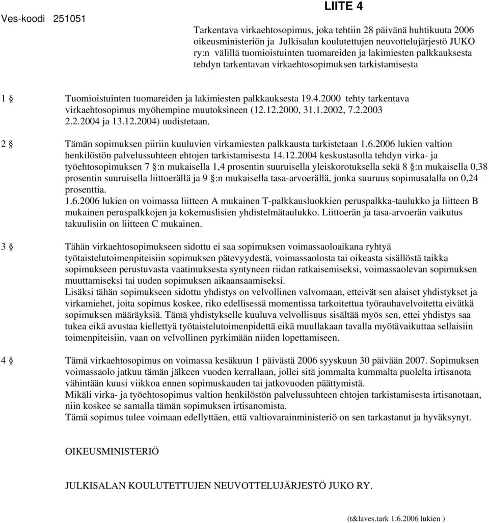 2000 tehty tarkentava virkaehtosopimus myöhempine muutoksineen (12.12.2000, 31.1.2002, 7.2.2003 2.2.2004 ja 13.12.2004) uudistetaan.