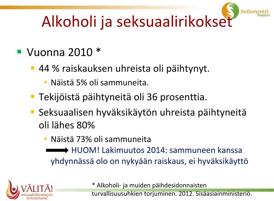 Seksuaalisen hyväksikäytön uhreista päihtyneitä oli lähes 80% Näistä 73% oli sammuneita HUOM!