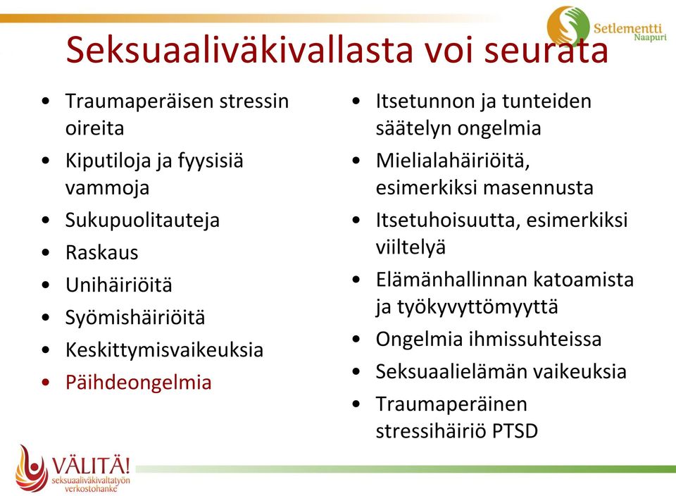 tunteiden säätelyn ongelmia Mielialahäiriöitä, esimerkiksi masennusta Itsetuhoisuutta, esimerkiksi viiltelyä