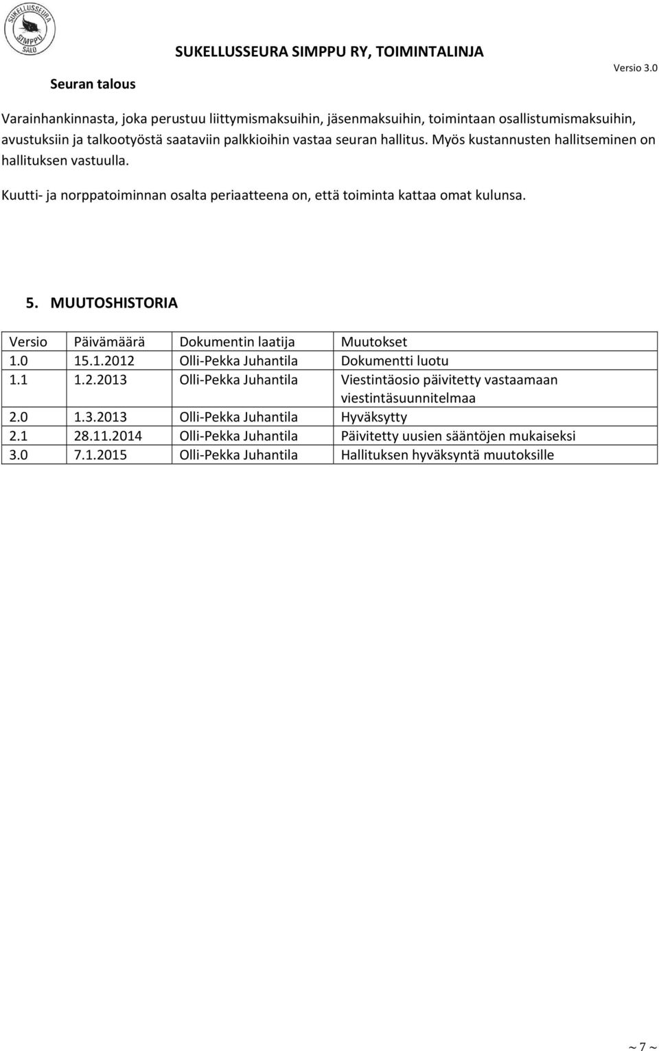 MUUTOSHISTORIA Versio Päivämäärä Dokumentin laatija Muutokset 1.0 15.1.2012 Olli Pekka Juhantila Dokumentti luotu 1.1 1.2.2013 Olli Pekka Juhantila Viestintäosio päivitetty vastaamaan viestintäsuunnitelmaa 2.
