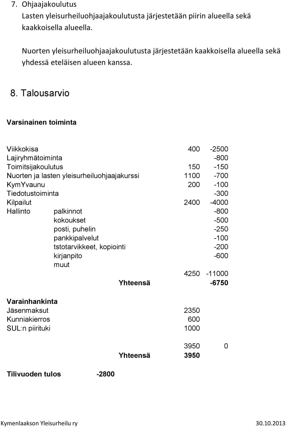 Talousarvio Varsinainen toiminta Viikkokisa 400-2500 Lajiryhmätoiminta -800 Toimitsijakoulutus 150-150 Nuorten ja lasten yleisurheiluohjaajakurssi 1100-700 KymYvaunu 200-100