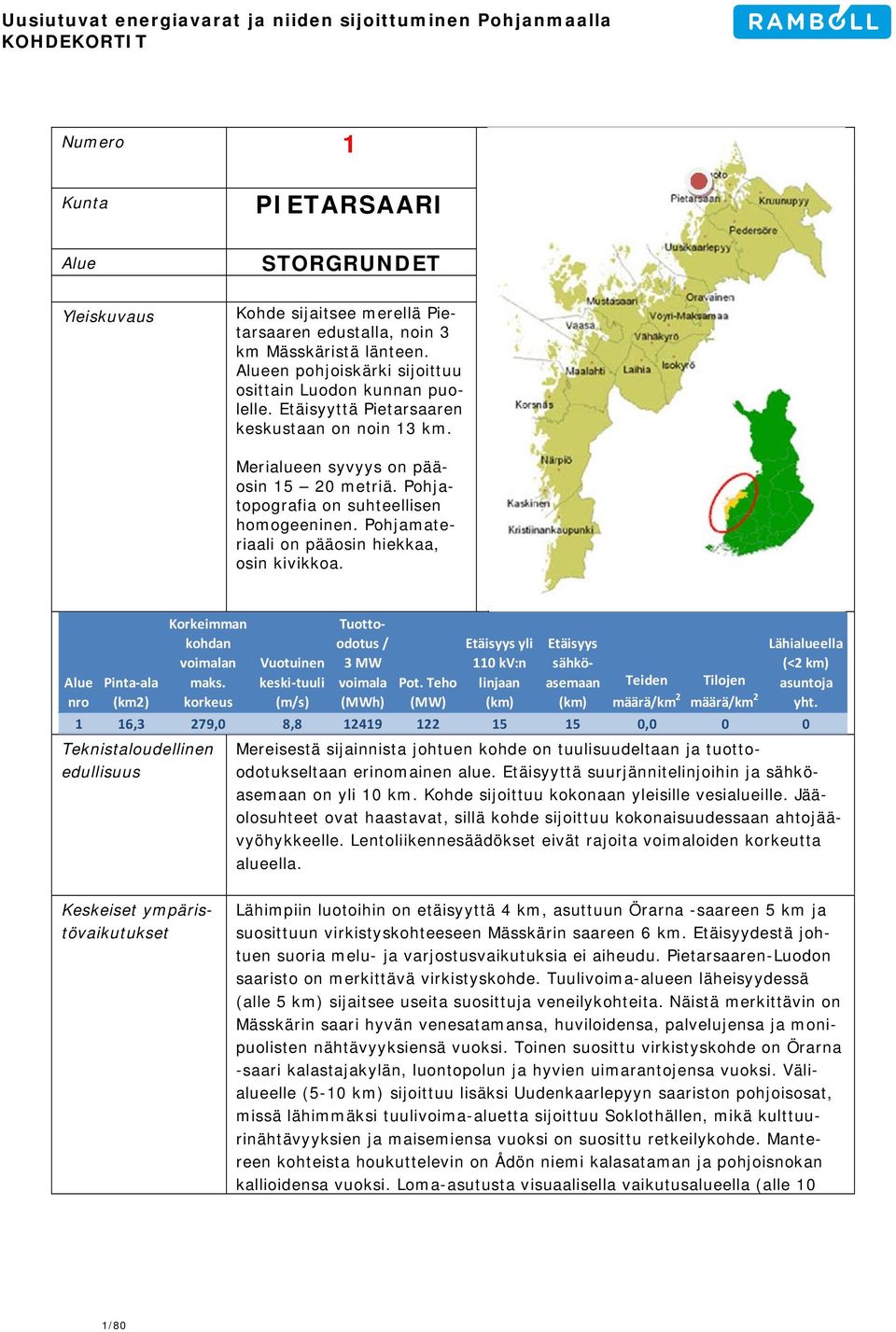Pohjatopografia on suhteellisen homogeeninen. Pohjamateriaali on pääosin hiekkaa, osin kivikkoa. Alue nro Pinta ala (km2) Korkeimman kohdan voimalan maks.