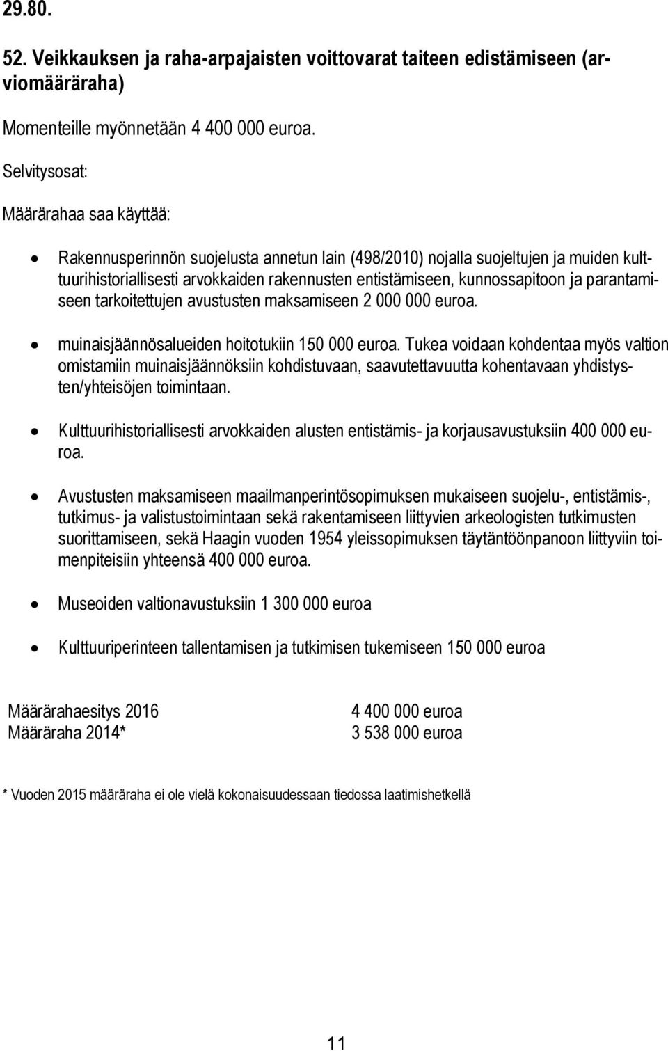 ja parantamiseen tarkoitettujen avustusten maksamiseen 2 000 000 euroa. muinaisjäännösalueiden hoitotukiin 150 000 euroa.