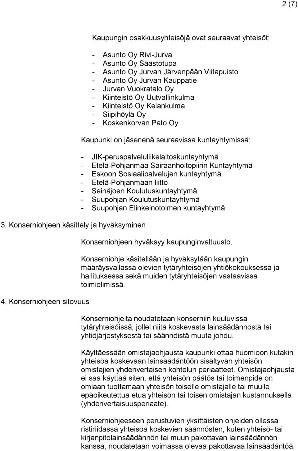 Jurvan Vuokratalo Oy - Kiinteistö Oy Uutvallinkulma - Kiinteistö Oy Kelankulma - Siipihöylä Oy - Koskenkorvan Pato Oy Kaupunki on jäsenenä seuraavissa kuntayhtymissä: -